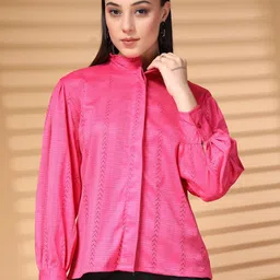 plusS Women Standard Band Collar Solid Casual Shirt-29