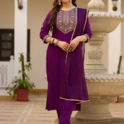 Gilori Floral Yoke Design Sequnnied Georgette Straight Kurta With Trousers & Dupatta-32