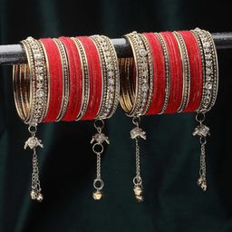 ZENEME Set Of 56 Gold-Plated Matte Finish Velvet AD-Studded Gold Pearl Tasselled Bangles-image-64