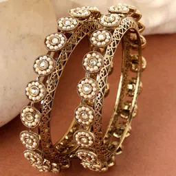 KARATCART Set of 2 Gold-Plated Pearl-Beaded Antique Bangles-11