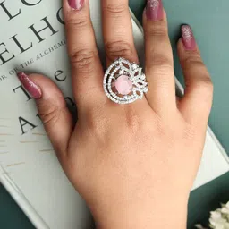 DIVASTRI Rhodium-Plated White and Pink CZ Studded Adjustable Ring-picture-20