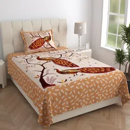 MANDAKINI Brown & Beige Ethnic Motifs 144 TC Single Bedsheet with 1 Pillow Covers-image-91