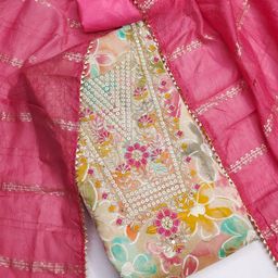 BlissFlair Floral Printed Sequinned Chanderi Silk Unstitched Dress Material-image-77