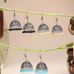 Sangria Set Of 3 Silver-Plated German Silver Beaded Oxidised Dome Shaped Jhumkas-21