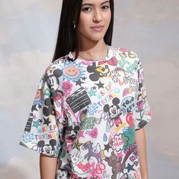 Tokyo Talkies Disney Mickey Mouse Printed Women White Relaxed Fit Tshirt-image-9