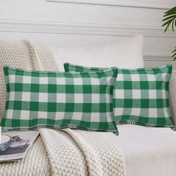 Lushomes Green & White Set of 2 Checked Rectangle Cushion Covers-1
