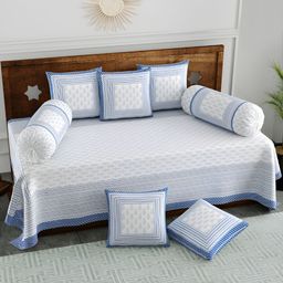 Myntra Elegant Homes White & Blue 8-Pcs Printed Pure Cotton Diwan Set-50