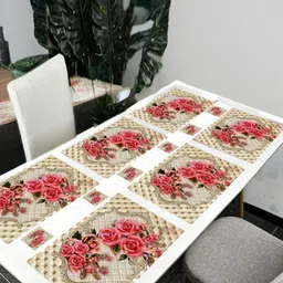 REVEXO 12Pc Cream Colored & Pink Printed Non Slip Table Placemats With Coasters-30