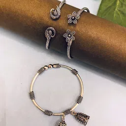 ATIBELLE Set Of 3 Silver-Plated German Silver Floral-Peacock Shaped Bangles-84