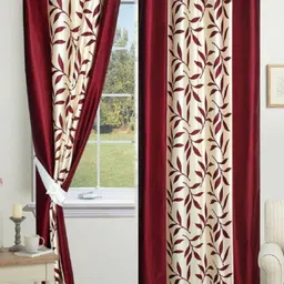 BELLA TRUE Maroon & White 2 Pieces Floral Printed Eyelet Fitted Door Curtains-image-83