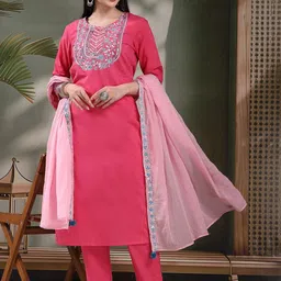 Sangria Women Solid Embroidered Cotton Kurta with Pyjama & Dupatta-58