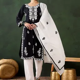 MANVAA Women Floral Embroidered Regular Thread Work Kurta with Salwar & With Dupatta-image-100