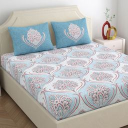 Dreamscape Blue & White Ethnic Motifs 200 TC King Bedsheet with 2 Pillow Covers-image-69