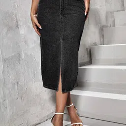 CHALODIA Denim Front Slit Straight Midi Skirt-image-93
