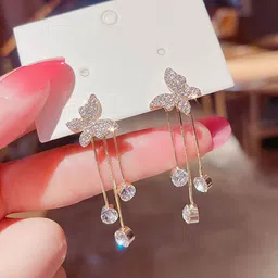 GOLDIWALA Korean Gold-Plated Cubic Zirconia Studded Butterfly Shaped Drop Earrings-picture-27
