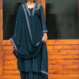 MITTOO Floral Embroidered Pleated Anarkali Kurta with Palazzos & With Dupatta-image-84