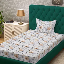 HOSTA HOMES White & Grey Floral 300 TC Single Bedsheet with 1 Pillow Covers-image-59