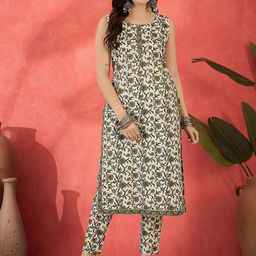 Sangria Floral Printed Round Neck Pure Cotton Straight Kurta With Trousers-picture-12