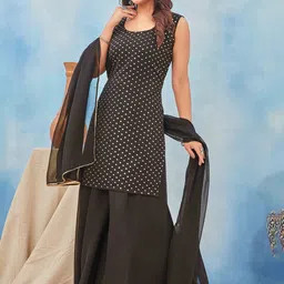 Chandbaali Polka Dot Printed Round Neck Straight Georgette Kurta With Sharara And Dupatta image 3
