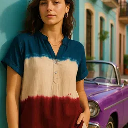 CORSICA Women Tie and Dye Dyed Mandarin Collar Short Sleeves Regular Top-image-99
