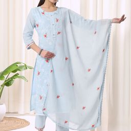 Anouk Floral Embroidered Thread Work Pure Cotton Straight Kurta With Trouser & Dupatta-image-11