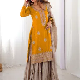 Fusionic Women Ethnic Motifs Embroidered Regular Kurta with Sharara & With Dupatta-picture-14