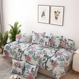 Story@home White & Pink 8 Pieces Floral Printed Satin Finish Diwan Set-51