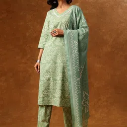 Anouk Floral Printed Round Neck Pure Cotton Straight Kurta With Trousers & Dupatta-image-28
