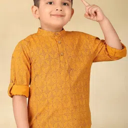 Fabindia Boys Floral Printed Band Collar Roll-Up Sleeves Straight Cotton Kurta-2