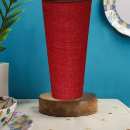 Devansh Maroon Jute Cylinder Table Lamps With Brown Round Wood Base-11