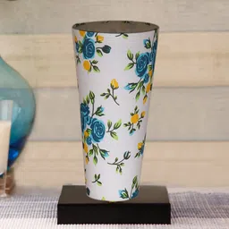 Devansh White & Blue Cotton Cylinder Table Lamps With Brown Square Wood Base-55
