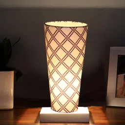 Devansh White Cotton Cylinder Table Lamps With Brown Square Wood Base-38