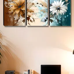 SAF Brown & Blue 3 Pieces Flower Printed Wooden Wall Paintings-image-74