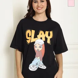 Metronaut Women Pack of 2 Typography Printed Round Neck Cotton Oversized T-shirts-image-75