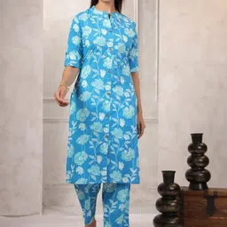 LYFJ Women Floral Printed Pure Cotton Kurta with Trousers-picture-25