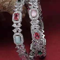 ZENEME Set Of 2 Rhodium-Plated Square Shaped American Diamond-Studded Bangles-15