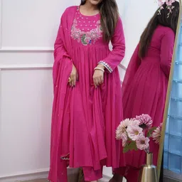 Twika Floral Yoke Design Round Neck Sequinned Anarkali Kurta With Trousers & Dupatta-1