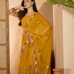 SHADOW & SAINING Floral Embroidered Kashida Georgette Saree With Belt-image-4