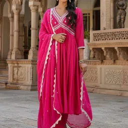 KALINI Ethnic Motifs Embroidered Thread Work Chanderi Silk Kurta With Trousers & Dupatta-picture-11