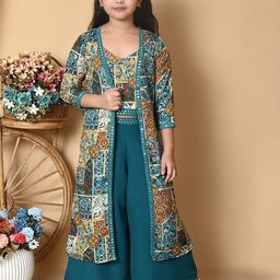 Jhilik Garments Girls Floral Printed Cotton Silk Top With Palazzo & Shrug-image-68