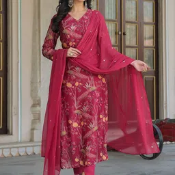 GoSriKi Women Floral Printed Regular Thread Work Kurta with Trousers & With Dupatta-12