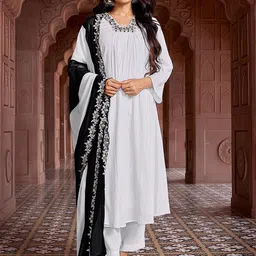 Royal Export Floral Embroidered Thread Work Anarkali Kurta with Trousers & Dupatta-54
