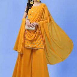 PARROT CREATION Women Embroidered Regular Sequinned Kurti with Sharara & With Dupatta-image-44