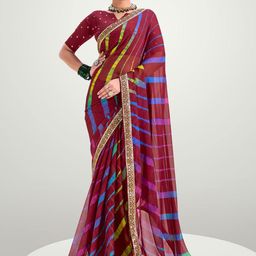Mitera Striped Printed Sequinned Pure Chiffon Leheriya Saree-picture-29