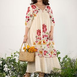 ZUMMER Floral Embroidered Puff Sleeves Pure Cotton Empire Midi Dress-image-25