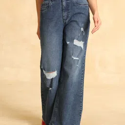 Kazo Women Wide Leg High-Rise Highly Distressed Light Fade Stretchable Jeans-image-91