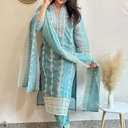 DIVASTRI Women Ethnic Motifs Embroidered Regular Thread Work Kurta with Trousers & With Dupatta-picture-35