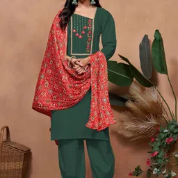 KALINI Ethnic Motifs Yoke Design Thread Work Straight Kurta With Salwar & Dupatta-19