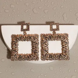DressBerry Gold-Plated Square Shaped Metallic Ribbed Drop Earrings-image-25
