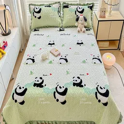 JC HOME White & Green Double Super- Double Bed Cover With PillowCovers-image-85